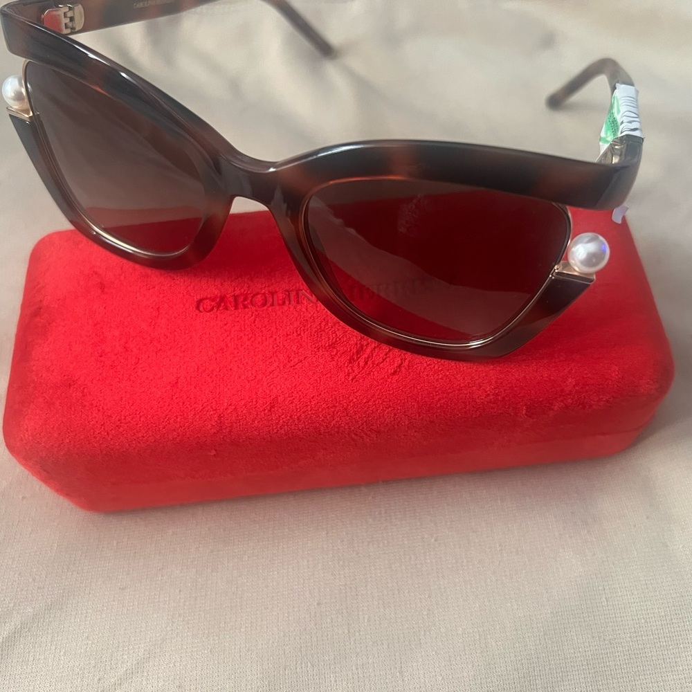 Carolina Herrera Tortoise Shell Sunglasses with Pearl Accents